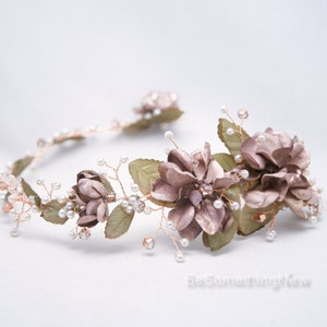 Rose Gold Floral Hair Vine of Wired Flowers and pearls Beaded Wedding Headpiece Woodland Wedding Hair Halo Flower Crown Boho Bridal Wreath image 5