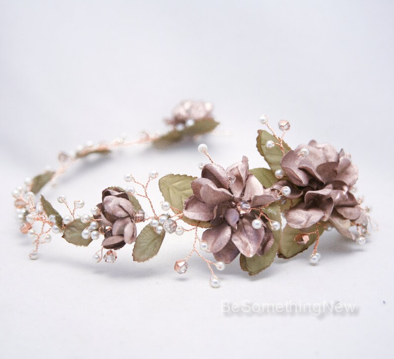 Rose Gold Floral Hair Vine of Wired Flowers and pearls Beaded Wedding Headpiece Woodland Wedding Hair Halo Flower Crown Boho Bridal Wreath image 5