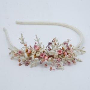 Dried Flower Headband in Pink and Ivory, with Babies Breath, Flower Girl Wedding Headpiece image 10