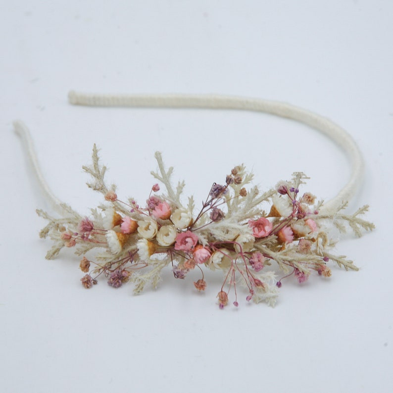 Dried Flower Headband in Pink and Ivory, with Babies Breath, Flower Girl Wedding Headpiece image 10