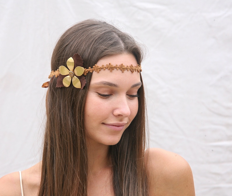 Hippie Bohemian Tie Headband of Camel Suede Trim, brown Leaves and a large metal daisy, Boho Festival Fashion image 1