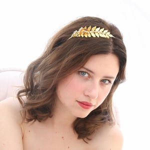 Grecian Gold Metal Leaf and Pearl Headband Gold Wedding Headpiece, Metal Headband for Adults, Metal Hair Accessory of Leaves and beading