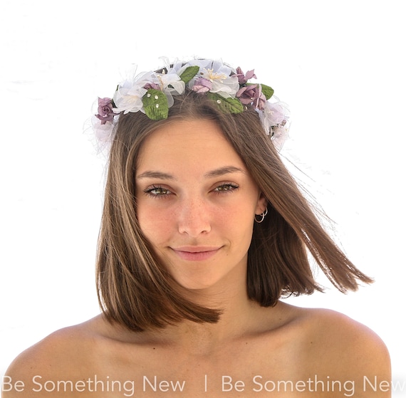 Vintage Flower Crown In Lavender and White with G… - image 1