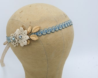 Hippie Bohemian Tie Headband in Blue and Beige Trim with Brass Gold Leaves and Vintage Lace Flowers, Gifts for Her