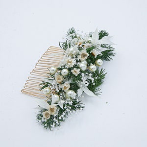 Wedding Flower Hair Comb of Preserved Greenery, Dried Flowers and Dried Leaves with Wired Pearls in Green and Ivory image 5