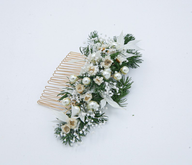 Wedding Flower Hair Comb of Preserved Greenery, Dried Flowers and Dried Leaves with Wired Pearls in Green and Ivory image 5