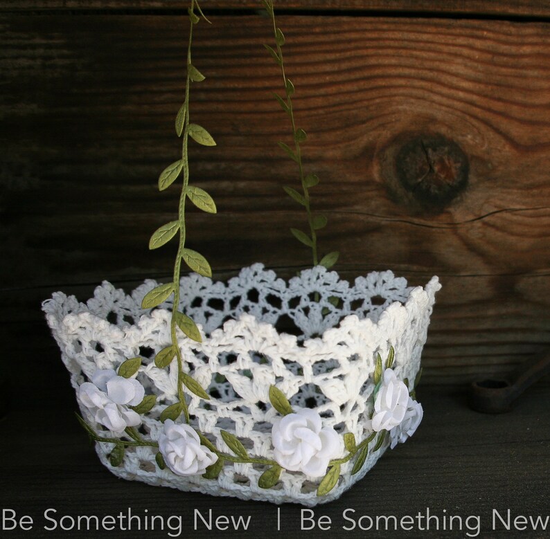 White Lace Flower Girl Basket With Flowers and Green Leaves Etsy