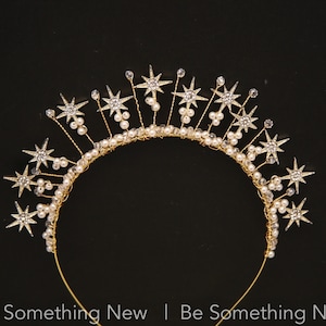 Celestial Wedding Crown of Gold Stars with Rhinestone and Pearls, Boho Tiara image 8