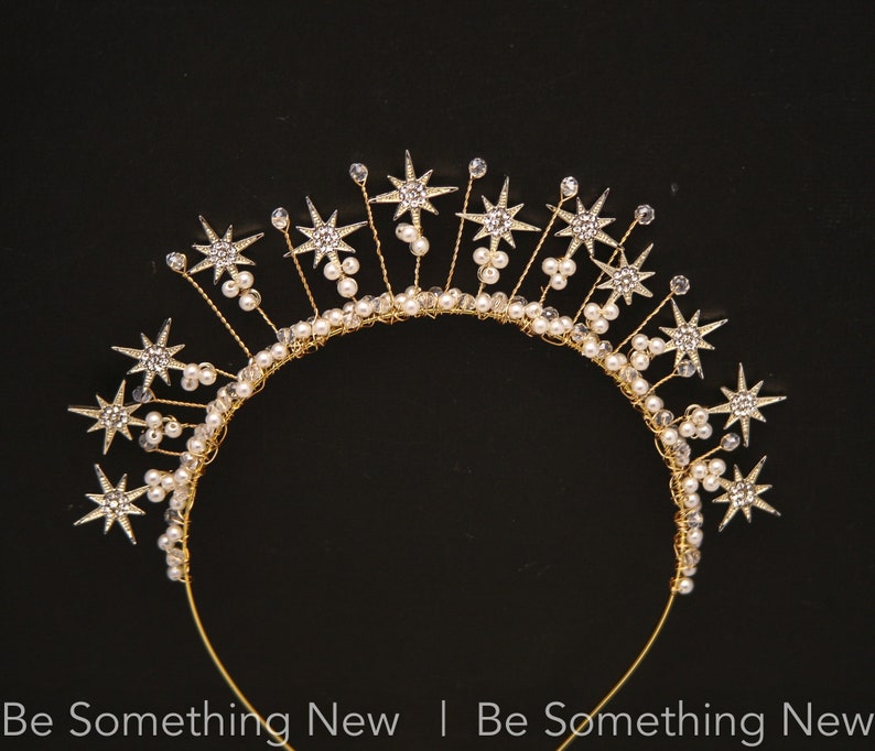 Celestial Wedding Crown of Gold Stars with Rhinestone and Pearls, Boho Tiara image 8