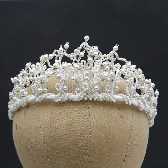 Vintage Pearl Tiara Tall Wedding Crown in White, Princess  display picture 2