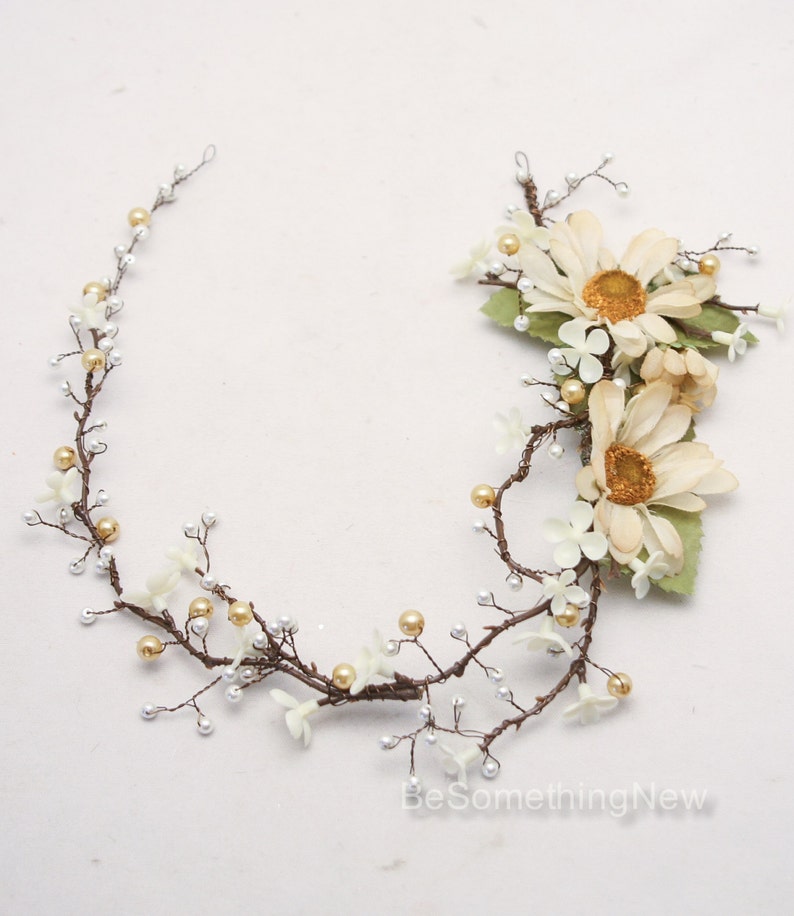 Rustic Floral Hair Vine of Ivory Daisies and Pearls, boho Daisy Flower Crown Wedding Headpeice image 6