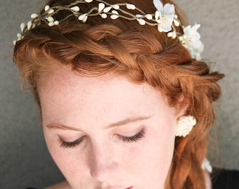 Woodland Wedding Rustic Bridal Wreath Flower Crown with Ribbon Ties Wedding Headpiece Rustic Wedding Headband Bridesmaid or Flower Girl Hair