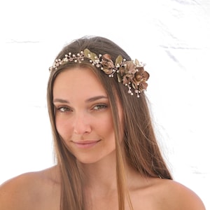 Rose Gold Floral Hair Vine of Wired Flowers and pearls Beaded Wedding Headpiece Woodland Wedding Hair Halo Flower Crown Boho Bridal Wreath image 8