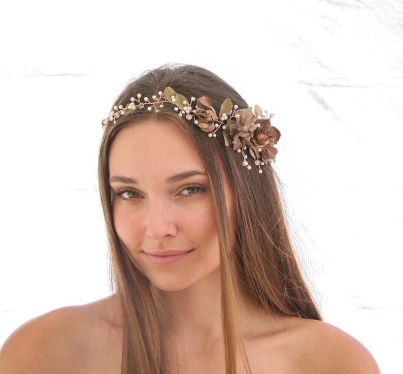 Rose Gold Floral Hair Vine of Wired Flowers and pearls Beaded Wedding Headpiece Woodland Wedding Hair Halo Flower Crown Boho Bridal Wreath image 8