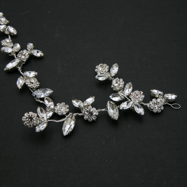 Rhinestone Wired Hair Vine, Wedding Headpiece of Rhinestone Flowers and Leaves 画像 10