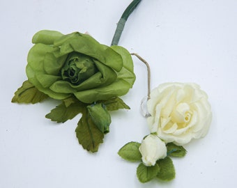 Vintage Millinery Flowers, Green and Ivory Fabric Roses with Green Leaves, Millinery fFlowers