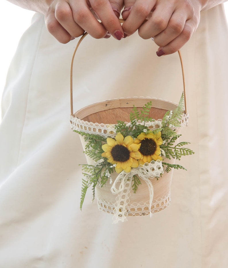 Flower Girl Basket with Sunflowers, Fern and Vintage Lace, Floral Basket for a Flower Girl Rustic Wedding Accessories, Easter Baskets image 8