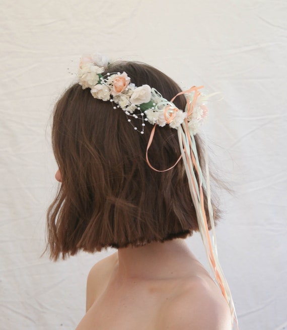 Vintage Flower Crown Flower Girl Halo in Peach and Ivory  display picture 3