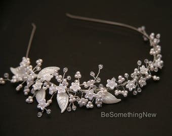 Beaded Wedding Tiara with Tiny Flowers Pearls and Crystals, Wired Bridal Headband, Delicate Flower Crown