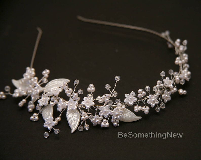Beaded Wedding Tiara with Tiny Flowers Pearls and Crystals, Wired Bridal shops Headband, Delicate Flower Crown
