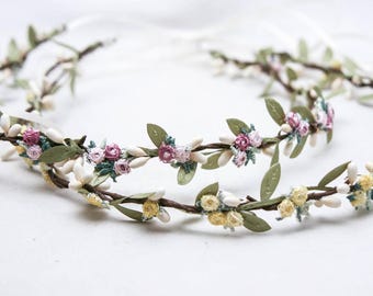 Flower Crown In Yellows or Pink and Lavender, Wedding Halo, Small Floral Headbands, Bridesmaids Hair Accessory, Flower Girl Headpiece