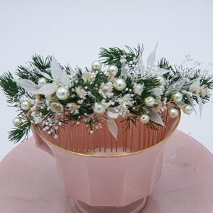 Wedding Flower Hair Comb of Preserved Greenery, Dried Flowers and Dried Leaves with Wired Pearls in Green and Ivory image 8