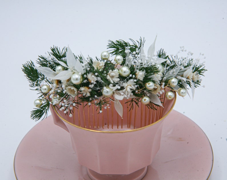 Wedding Flower Hair Comb of Preserved Greenery, Dried Flowers and Dried Leaves with Wired Pearls in Green and Ivory image 8