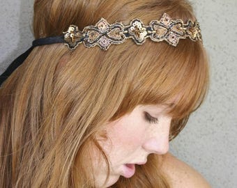 Pärlbroderat boho-hårband i koppar: Hippiechic håraccessoar