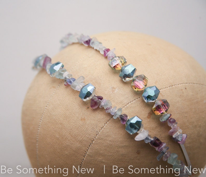 Beaded Headband with Stones in Blues, Greens and Lavenders and Large Crystals Sliver Fashion Headband for Adults image 1