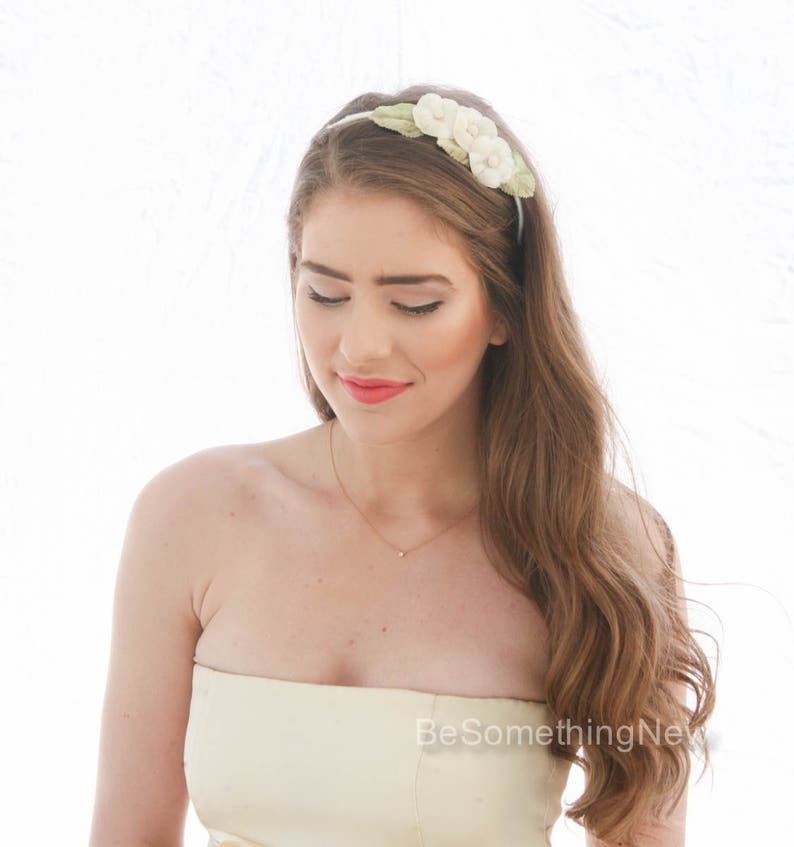 Vintage Flower Headband Ivory Flower Wedding Headband with Green Leaves Bridesmaids Floral Headband Ivory Hair Accessory