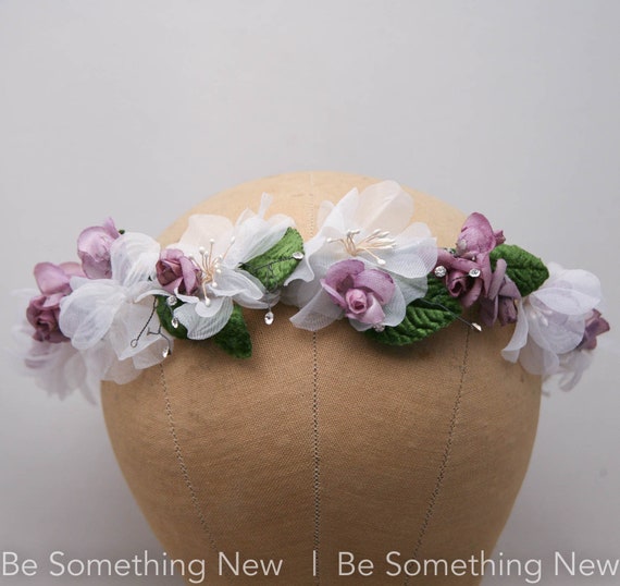 Vintage Flower Crown In Lavender and White with G… - image 9