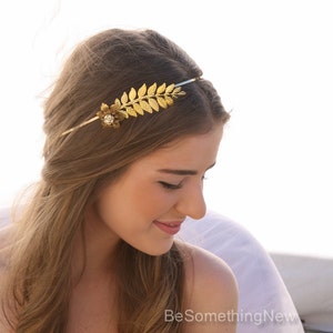 Grecian Gold Metal Leaf and Flower Headband with Rhinestones Gold Wedding Headpiece, Metal Headband for Adults, Leaf Hair Accessory image 5
