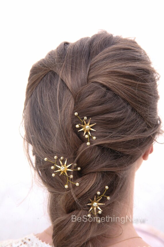 Wedding Hair Pins Star Flower and Champagne Pearl Celestial Bridal Hair Pin Set Brass Flower Bobbie Pins Hair Jewelry Beaded Headpiece