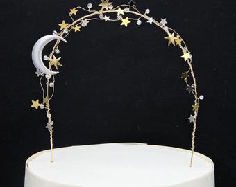 Celestial Wedding Cake Topper: Gold Arch with Silver Moon & Stars