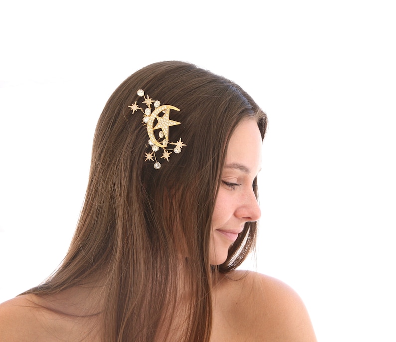 Peigne à cheveux mariage céleste lune vintage, coiffe de mariée lune et étoiles, accessoire cheveux constellation mariages Art déco image 3