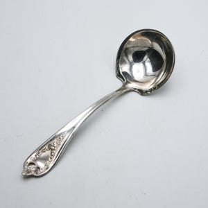 May include: A silver-toned metal ladle featuring a deep, rounded bowl and a handle decorated with an intricate, embossed floral pattern that tapers to a pointed, diamond-shaped tip at the end of the handle, showcasing a polished, reflective finish.