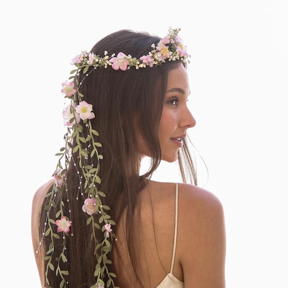 Boho Pearl Flower Crown for Wedding | Boho Floral Tiara with Pearls Floral Pearl Wedding Crown: Crystal Leaf Bridal Headpiece  main image 2