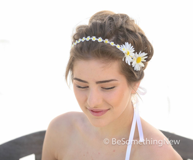 Daisy Chain Flower Ribbon Tie Bohimian Headband Flower Girl Etsy