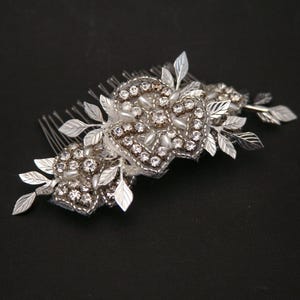 Rhinestone Flowers and Silver Metal Leaves Hair Comb, Wedding Accessory, bridesmaids Hair Clip