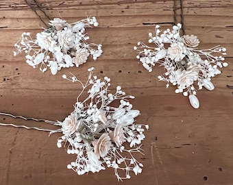 Ensemble d'épingles à cheveux de mariage avec souffle de bébé séché et fleur de champagne avec perles