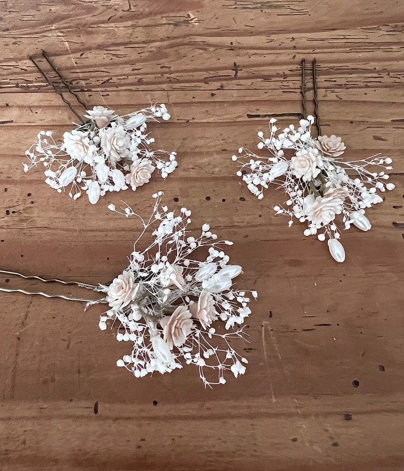 Dried Babies Breath and Champagne Flower Wedding Hair Pins Set with Pearls image 1