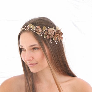 Rose Gold Floral Hair Vine of Wired Flowers and pearls Beaded Wedding Headpiece Woodland Wedding Hair Halo Flower Crown Boho Bridal Wreath image 4