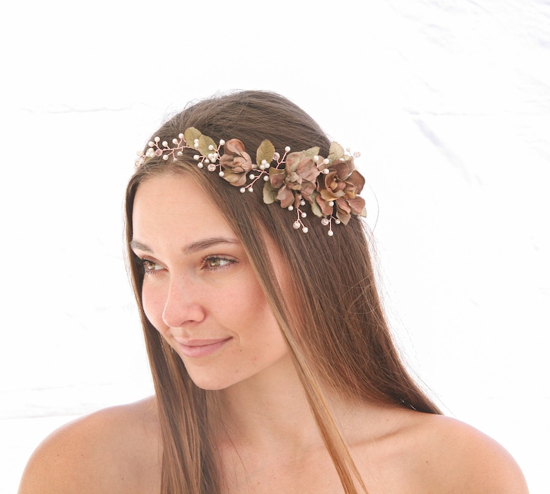 Rose Gold Floral Hair Vine of Wired Flowers and pearls Beaded Wedding Headpiece Woodland Wedding Hair Halo Flower Crown Boho Bridal Wreath image 4