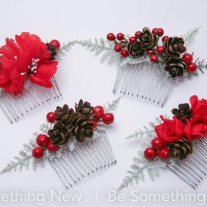 Christmas Hair Comb: Red Flowers, Pine Cones & Greenery