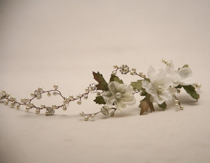 Wedding Hair Vine of Ivory Flowers Pearls and Rhinestones, Wedding Flower Crown Breial Headpiece Garden Wedding Headband Beaded Hair Vine image 2