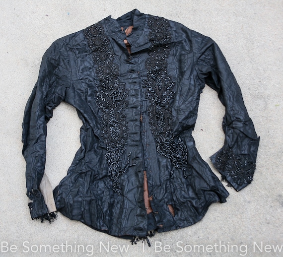 Antique Late 1800s BlackTaffeta Beaded Evening Top