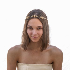 Gold Wedding Headpiece with Golden Stars and Rhinestones, Celestial Wedding Boho Wired Gold Tiara Hair Accessory 画像 5