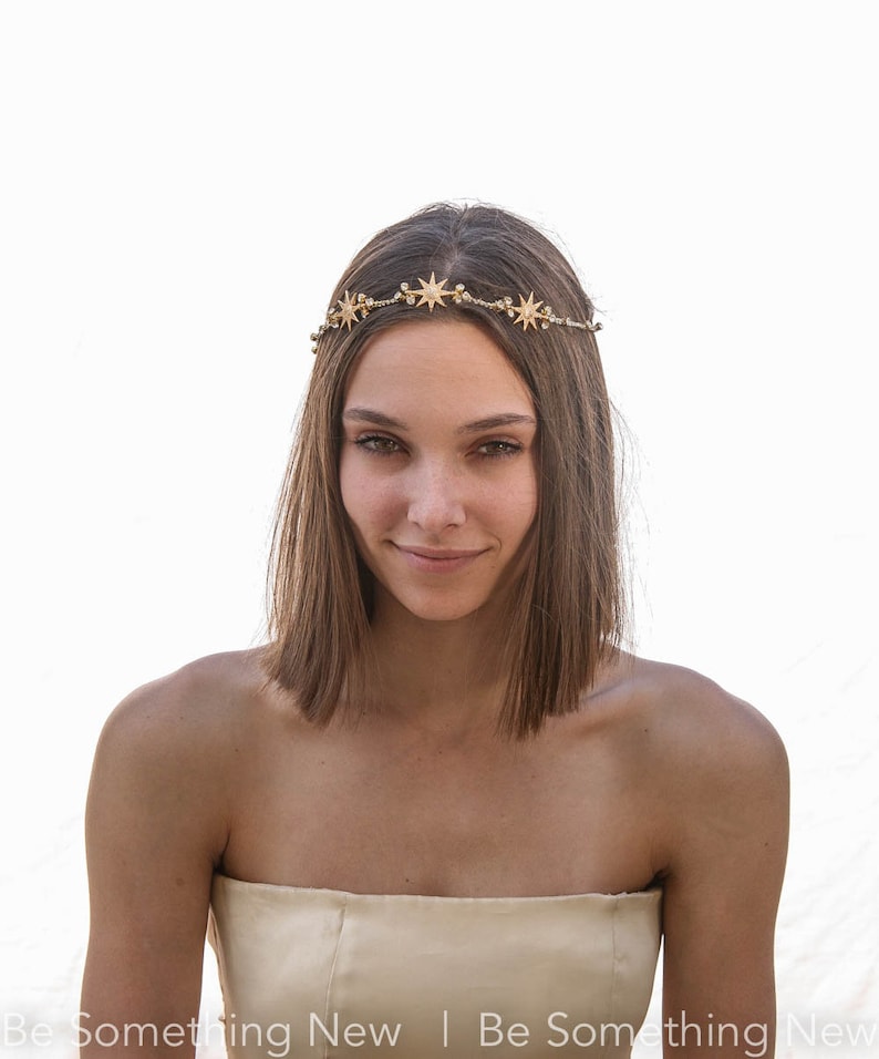 Gold Wedding Headpiece with Golden Stars and Rhinestones, Celestial Wedding Boho Wired Gold Tiara Hair Accessory 画像 5