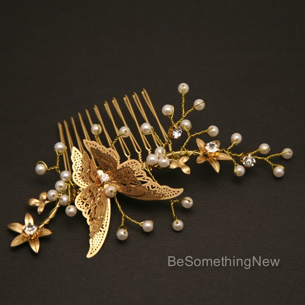 Ensemble de peignes papillon dorés, perles de fleurs bohèmes dorées, peignes de mariage dorés, fleurs en métal et perles papillon