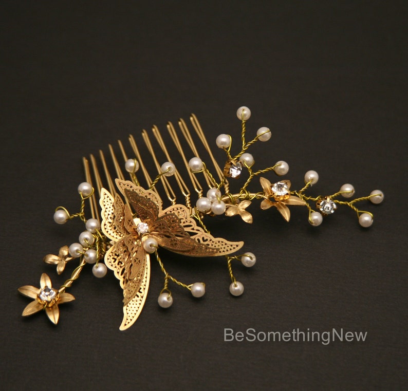 Gold Butterfly Comb, Beaded Golden Boho Hair Comb Gold Wedding Hair Comb, Metal Flower and Butterfly Beaded Comb set image 1